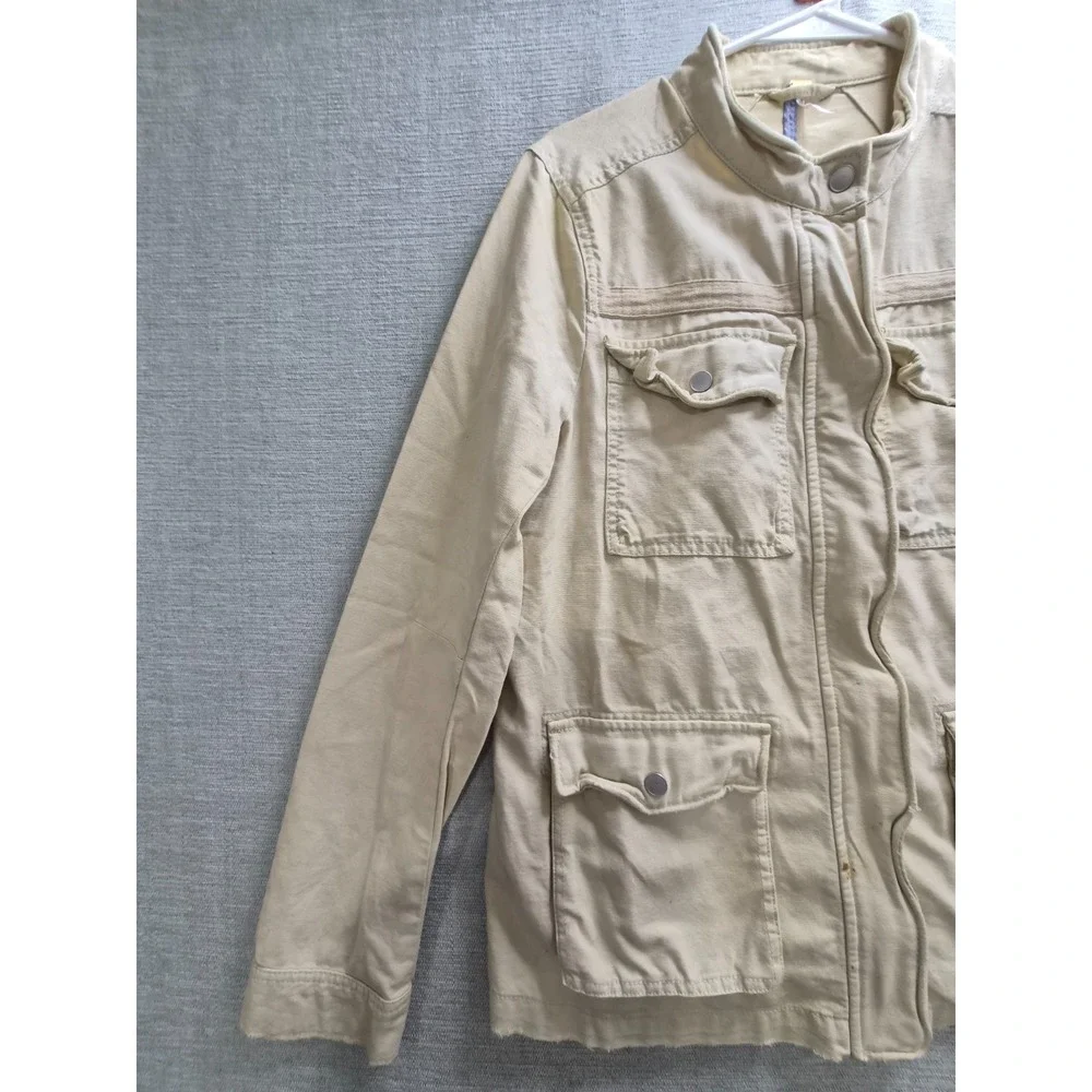 Free People Military Jacket Women Large Beige Utility Pockets Full Zip Mock Neck - Picture 4 of 16